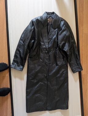 Charles Klein Vintage Black Leather Long Coat - Women's Jacket
